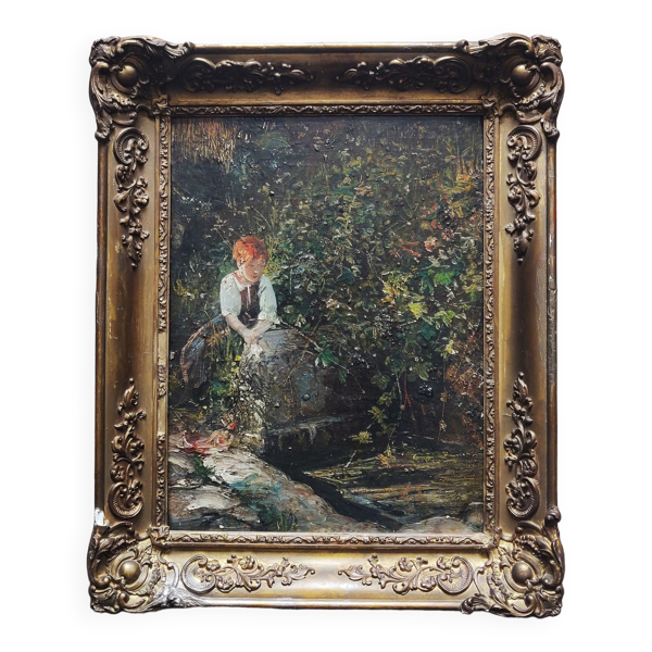École française XIXème - Jeune fille au jardin huile sur panneau