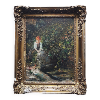 19th century French school - Young girl in the garden oil on panel