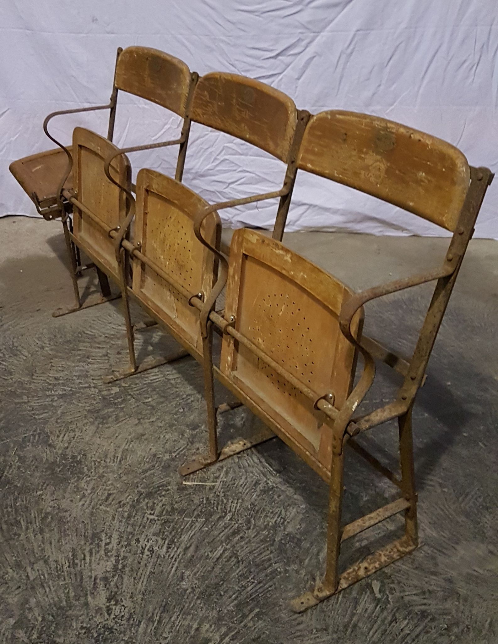 Luterma antique theatre bench circa 1930, vintage wrought iron cinema bench