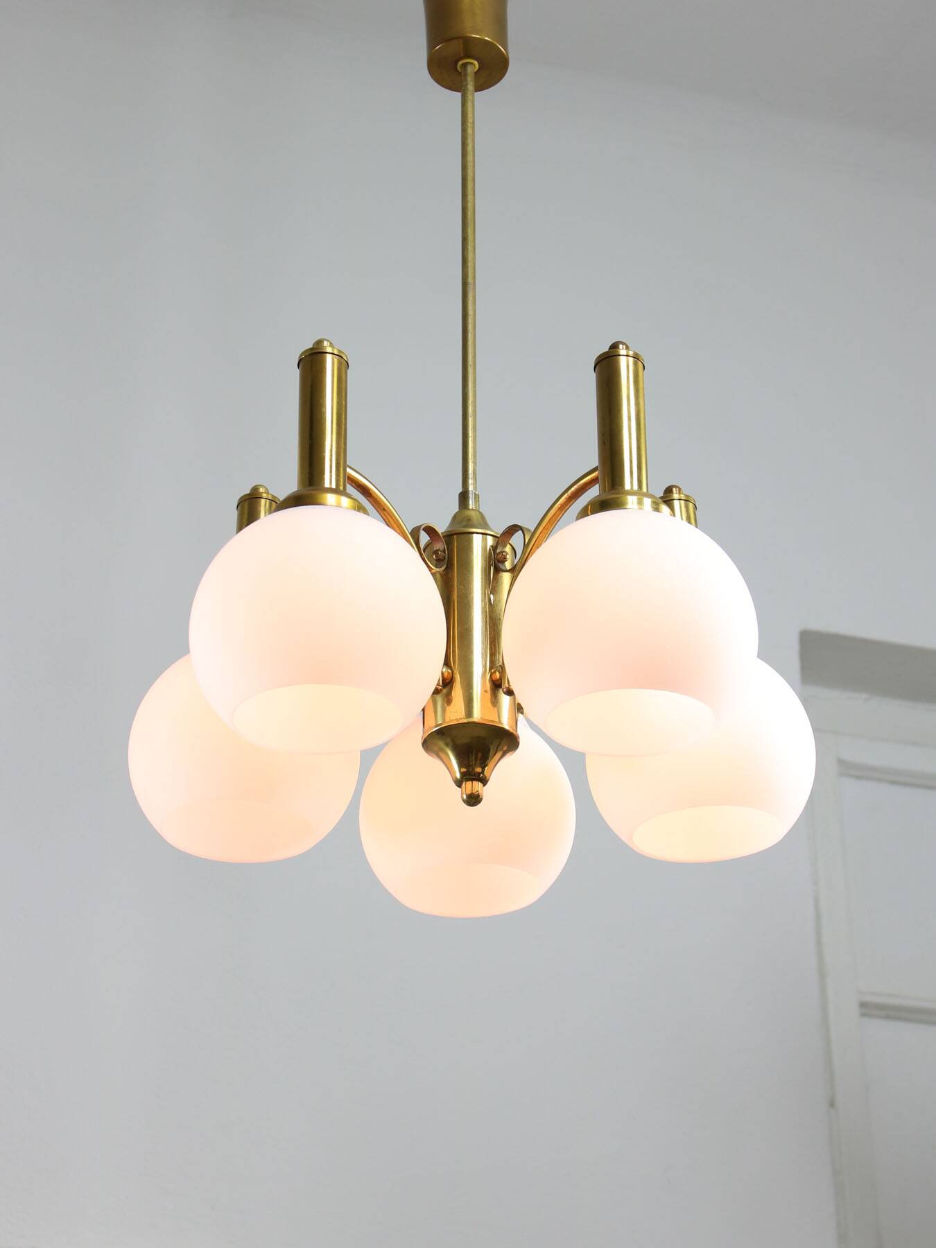 Mid-century Italian Brass and Opaline Chandelier