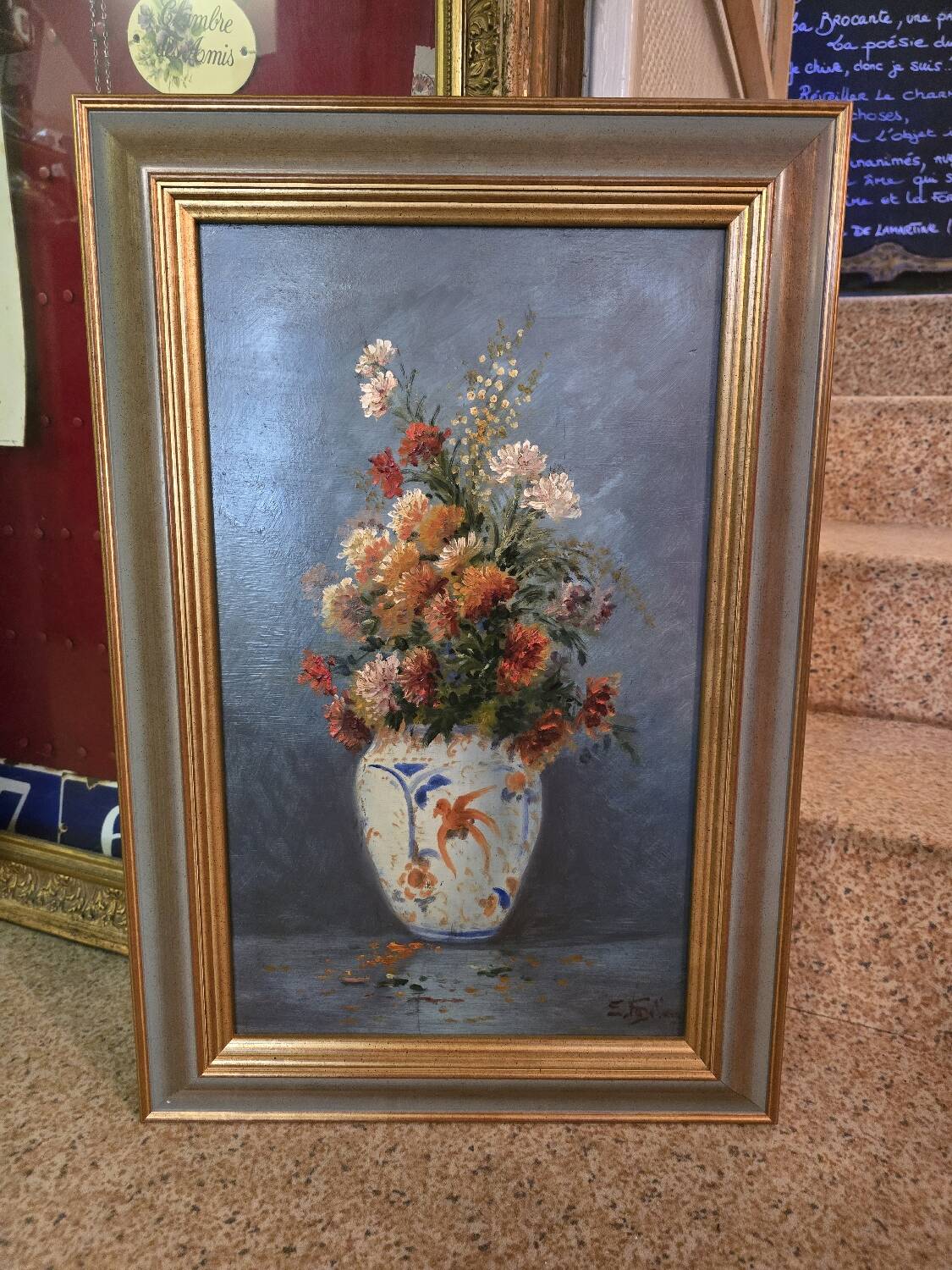 Oil on panel with bouquet