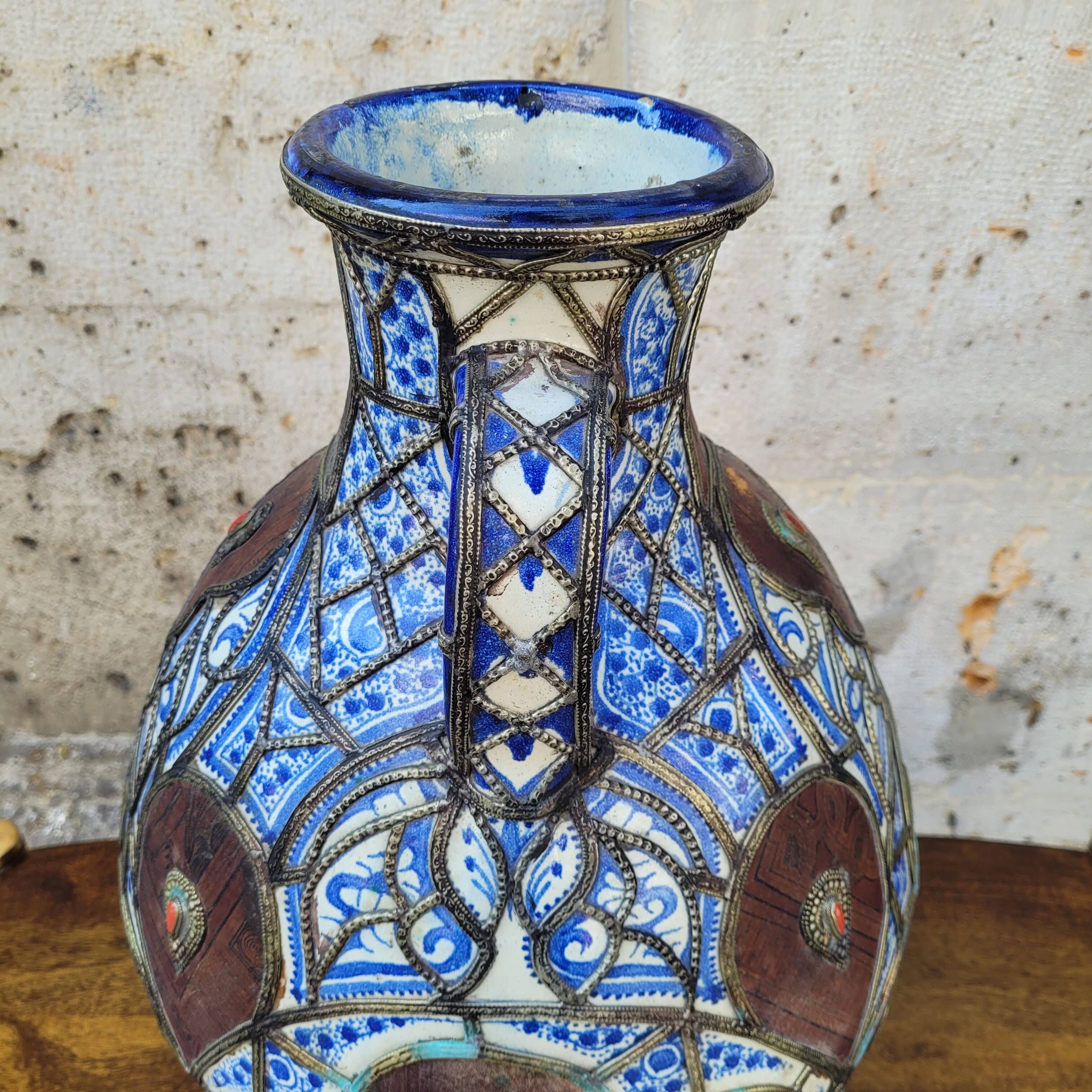 Filigree vase, ceramic, leather, enamel and metal, 19th century - Safi, Morocco