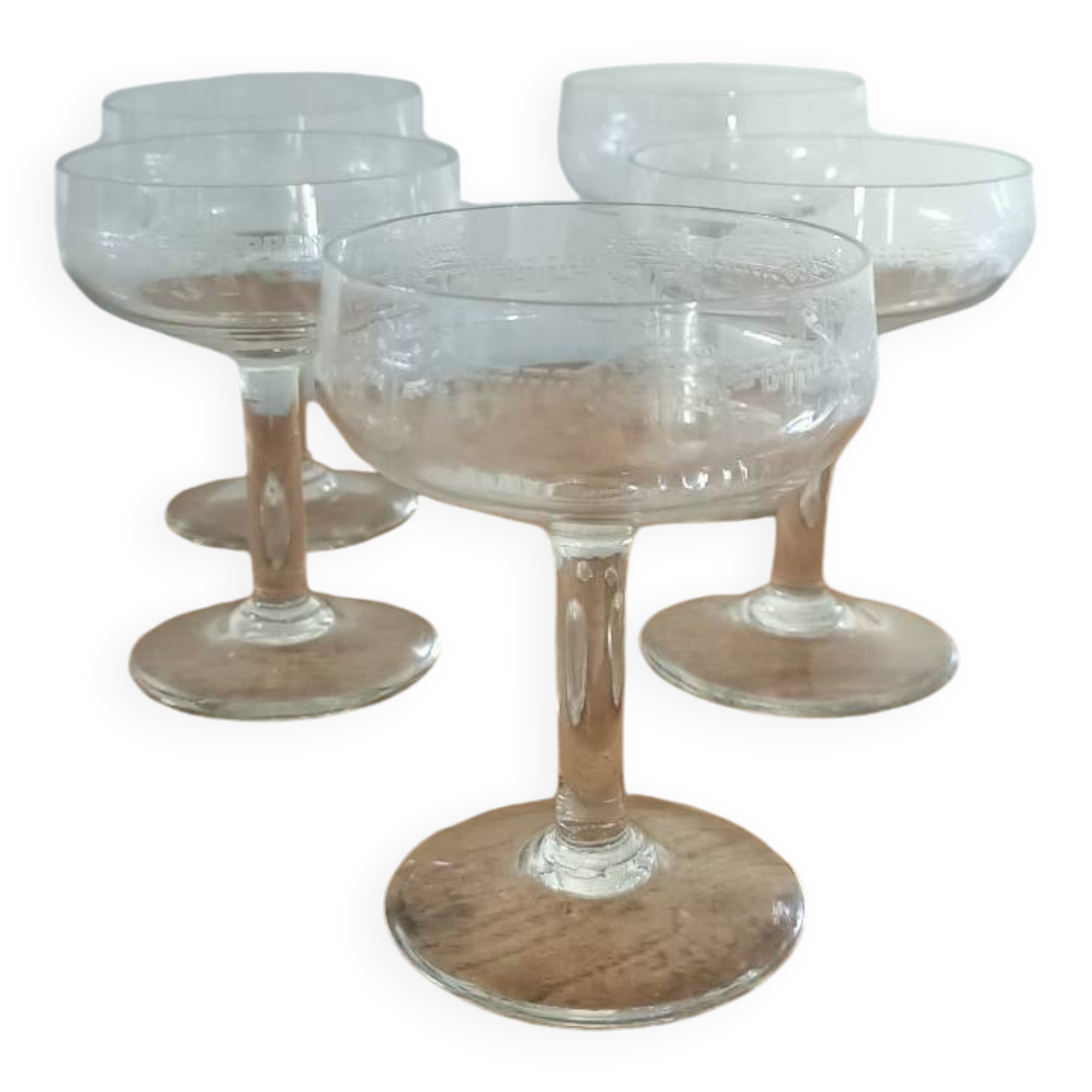5 guilloche champagne glasses from the 1920s