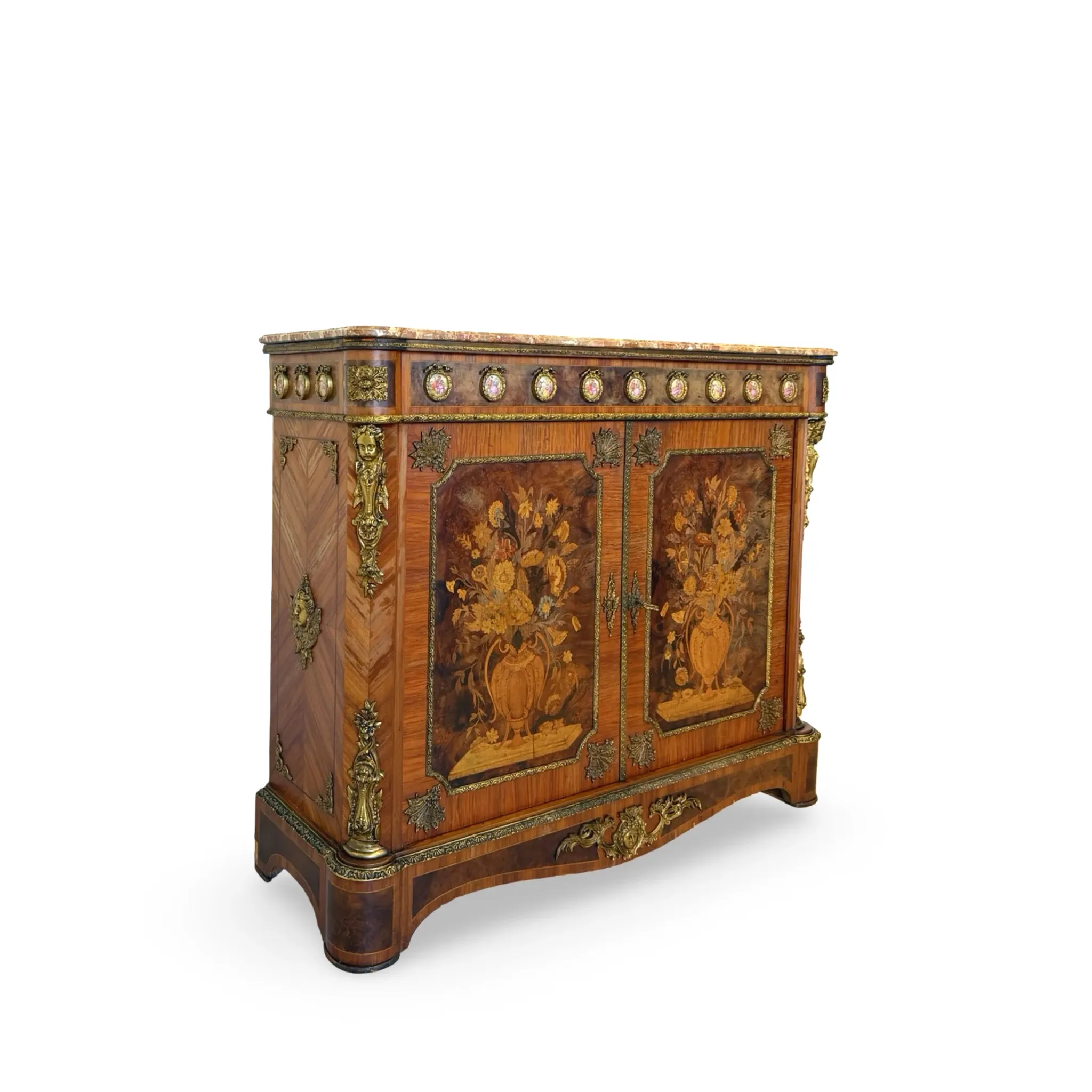 An antique French Louis XVI-style marble-top side cabinet