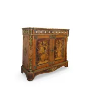 An antique French Louis XVI-style marble-top side cabinet