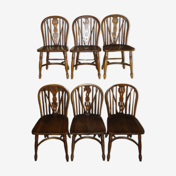 Ensemble de 6 chaises Windsor vintage en chêne massif avec dossier lyre 1960