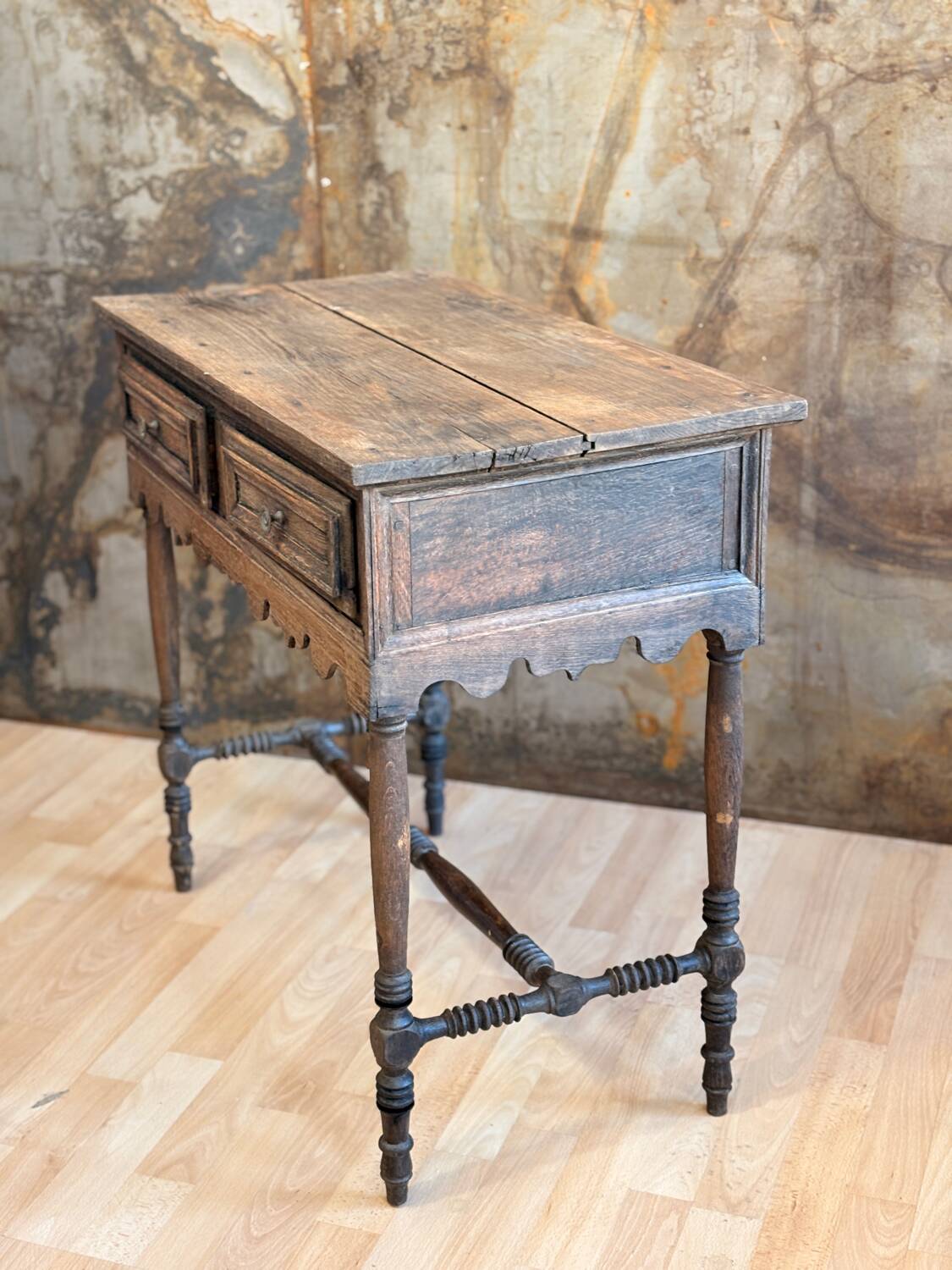 Raw wood console with drawers