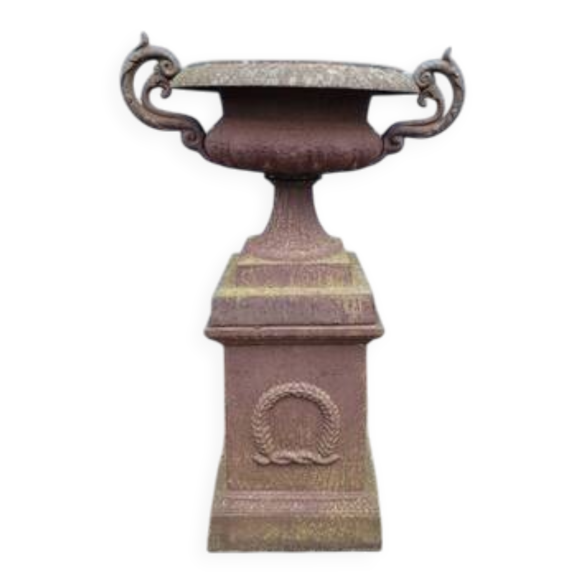 Cast iron garden urn on pedestal with handles