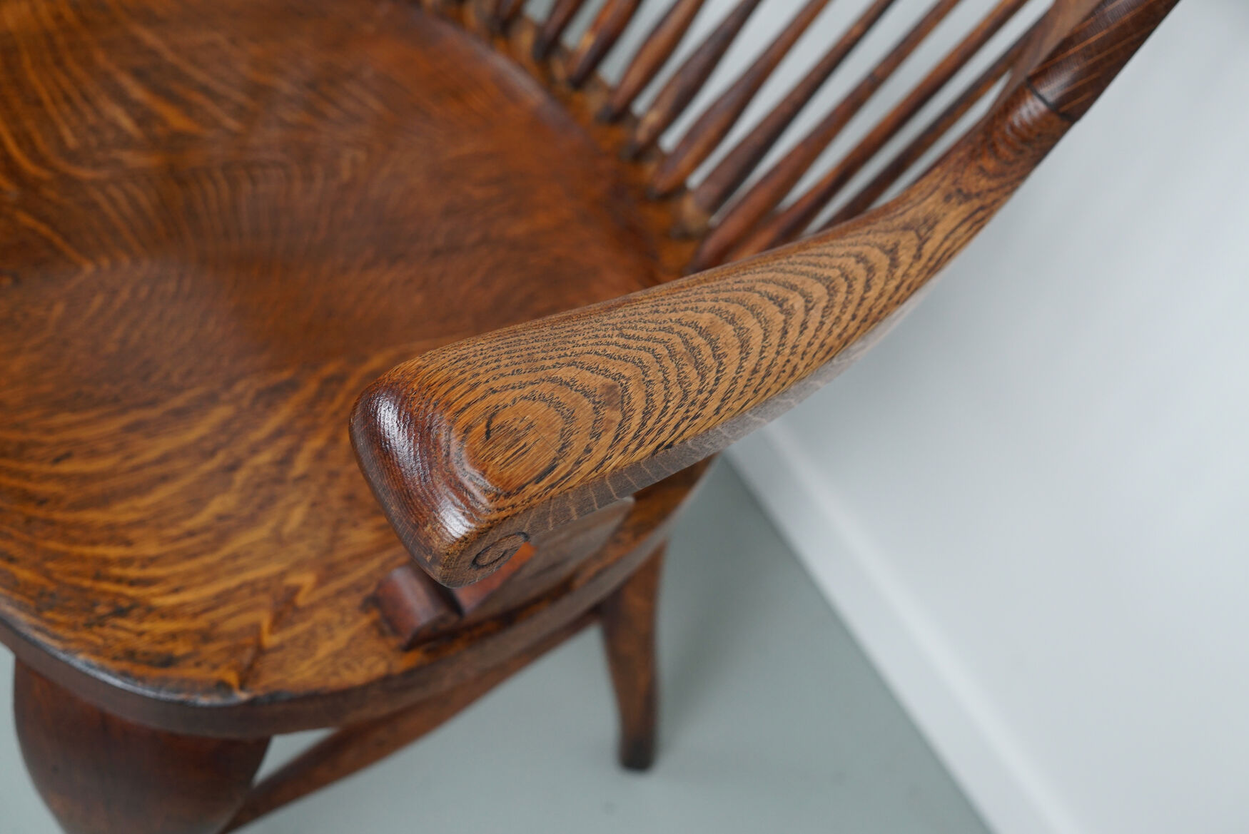 Pair of English Edwardian Oak Spindle Back Captains Office Desk Chairs