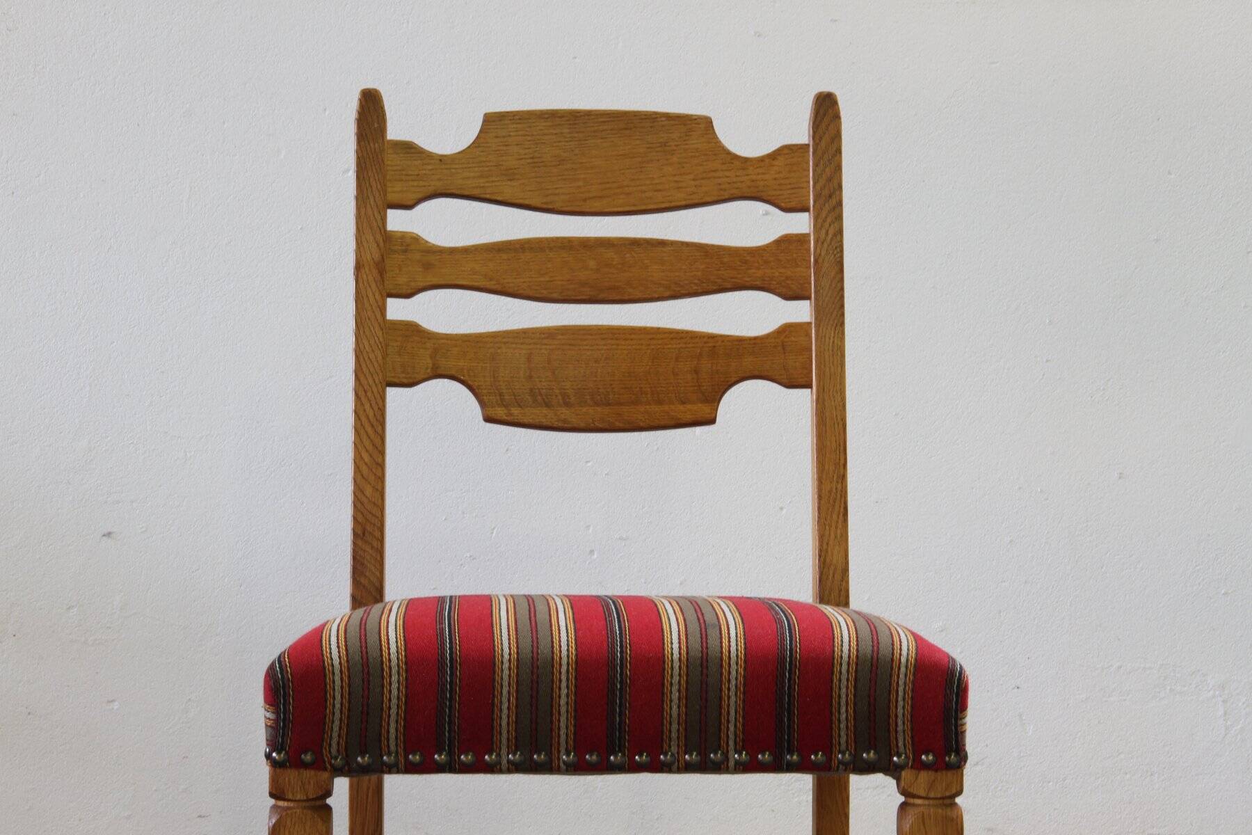 Danish modern brutalist oak dining chairs by Henning Kjærnulf, 1960s, set of 6