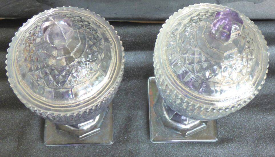 2 antique glass bonbonnières in the shape of pine cones.