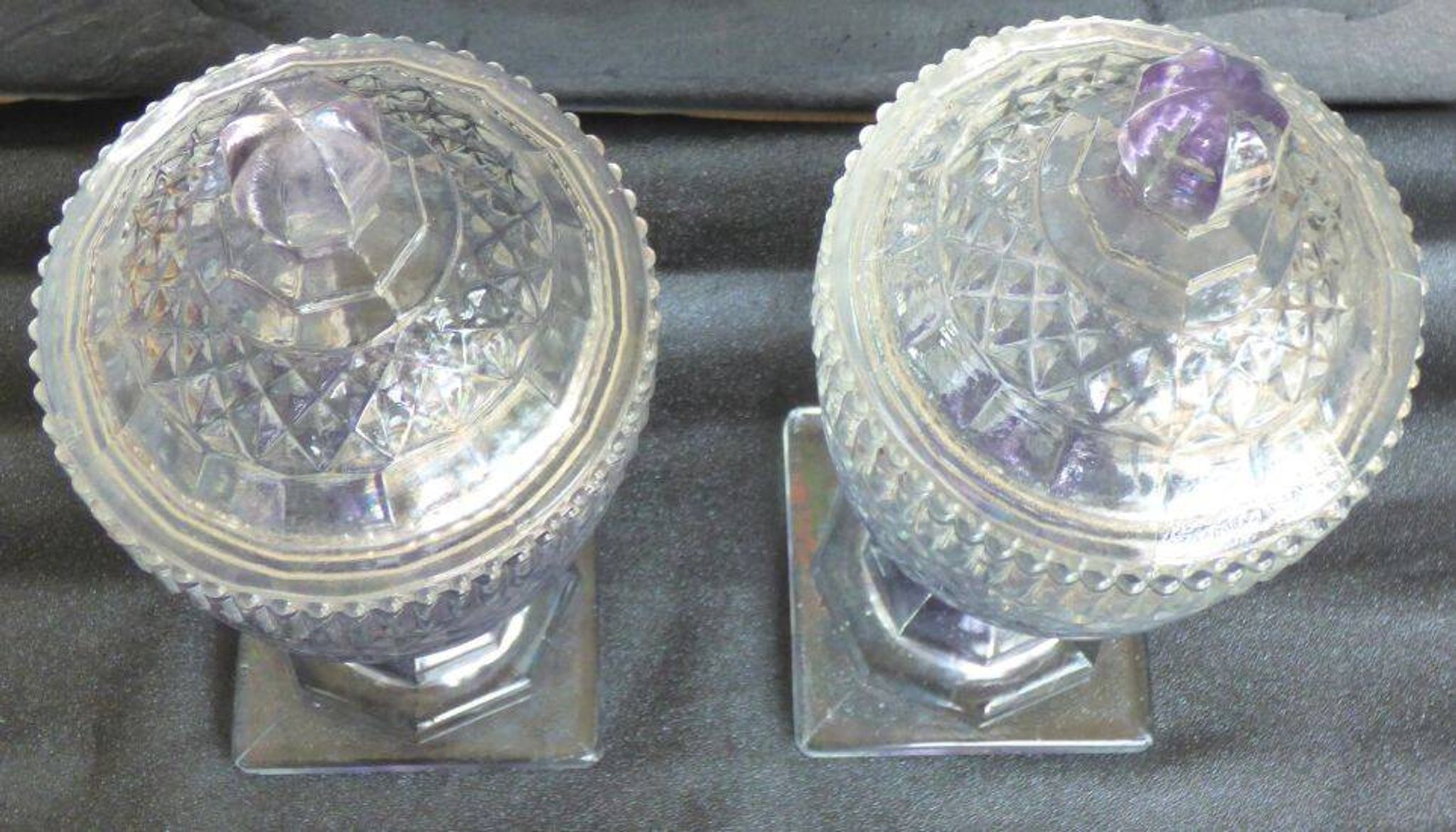 2 antique glass bonbonnières in the shape of pine cones.