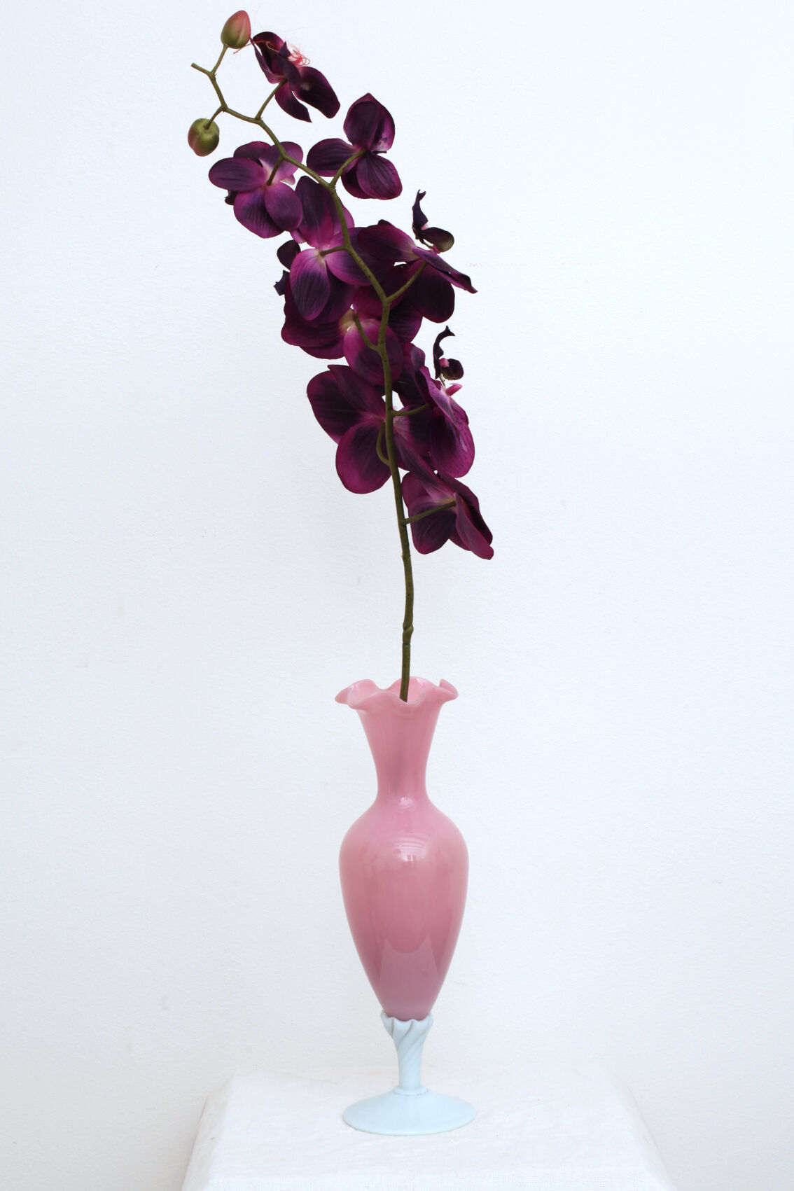 Pink vase foot twisted milk glass