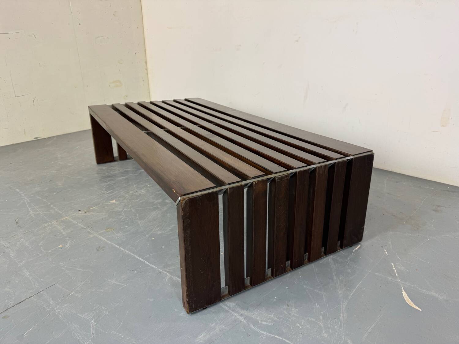 Mid Century Modernist wood and metal Slatted Bench Coffee Table