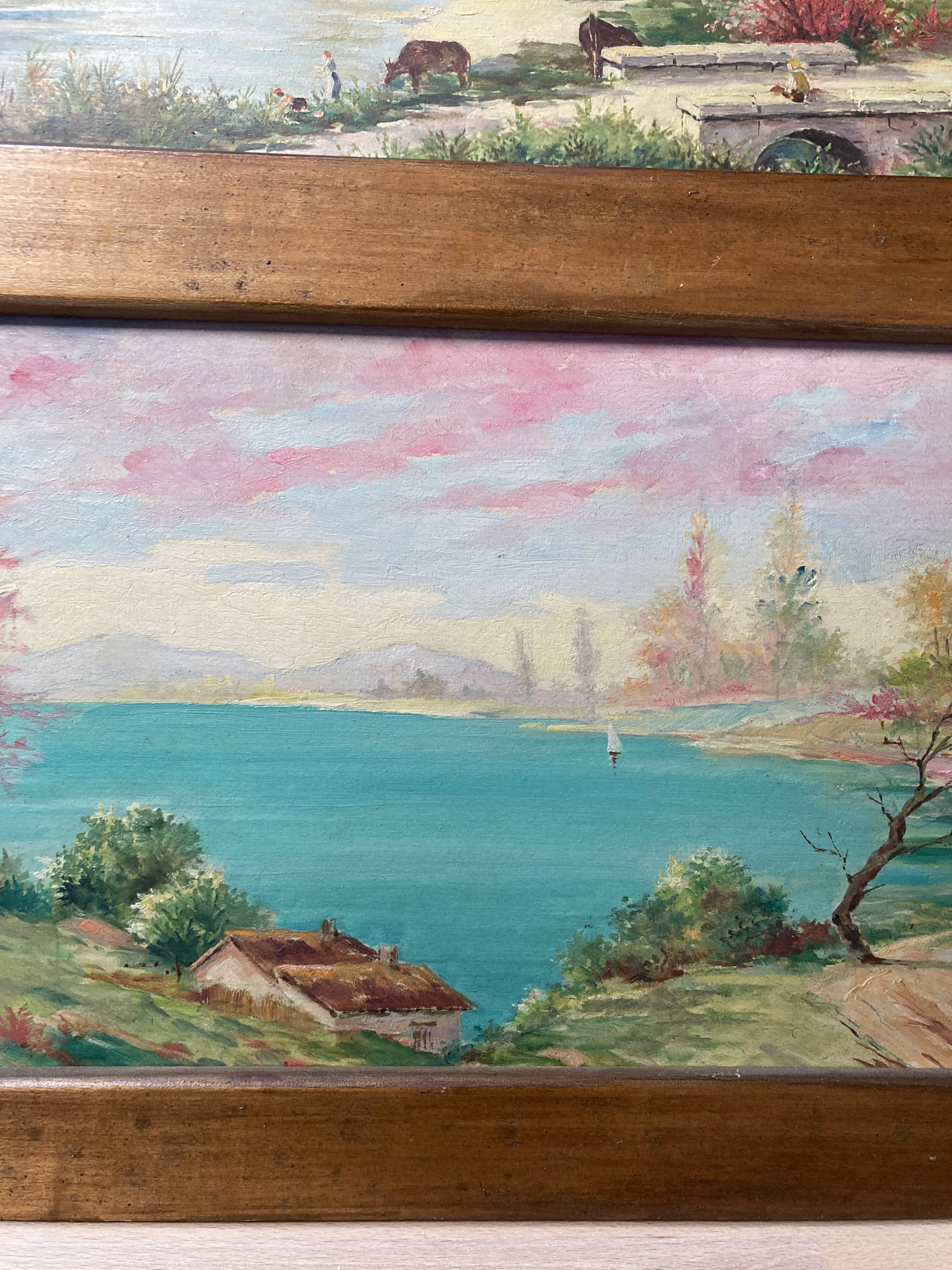 Pair of Art Deco wood and embossed metal landscape frames