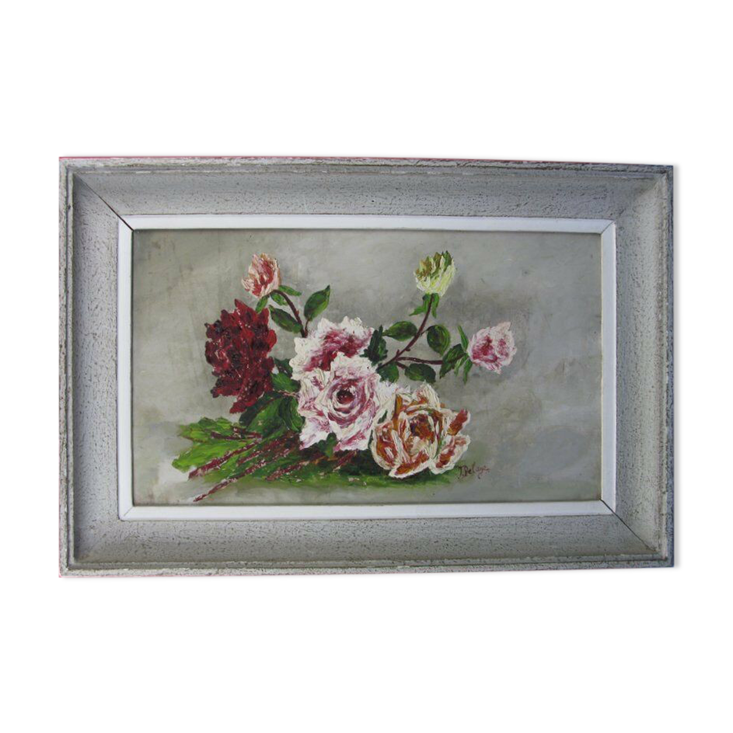 Oil painting on panel bouquet signed J.Delage