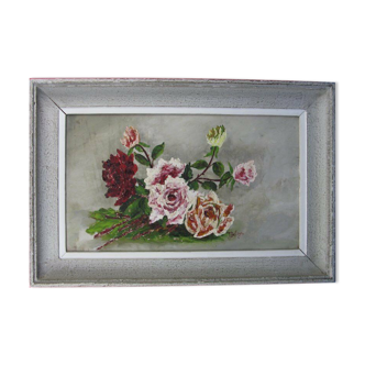 Tableau huile sur panneau bouquet signé J.Delage