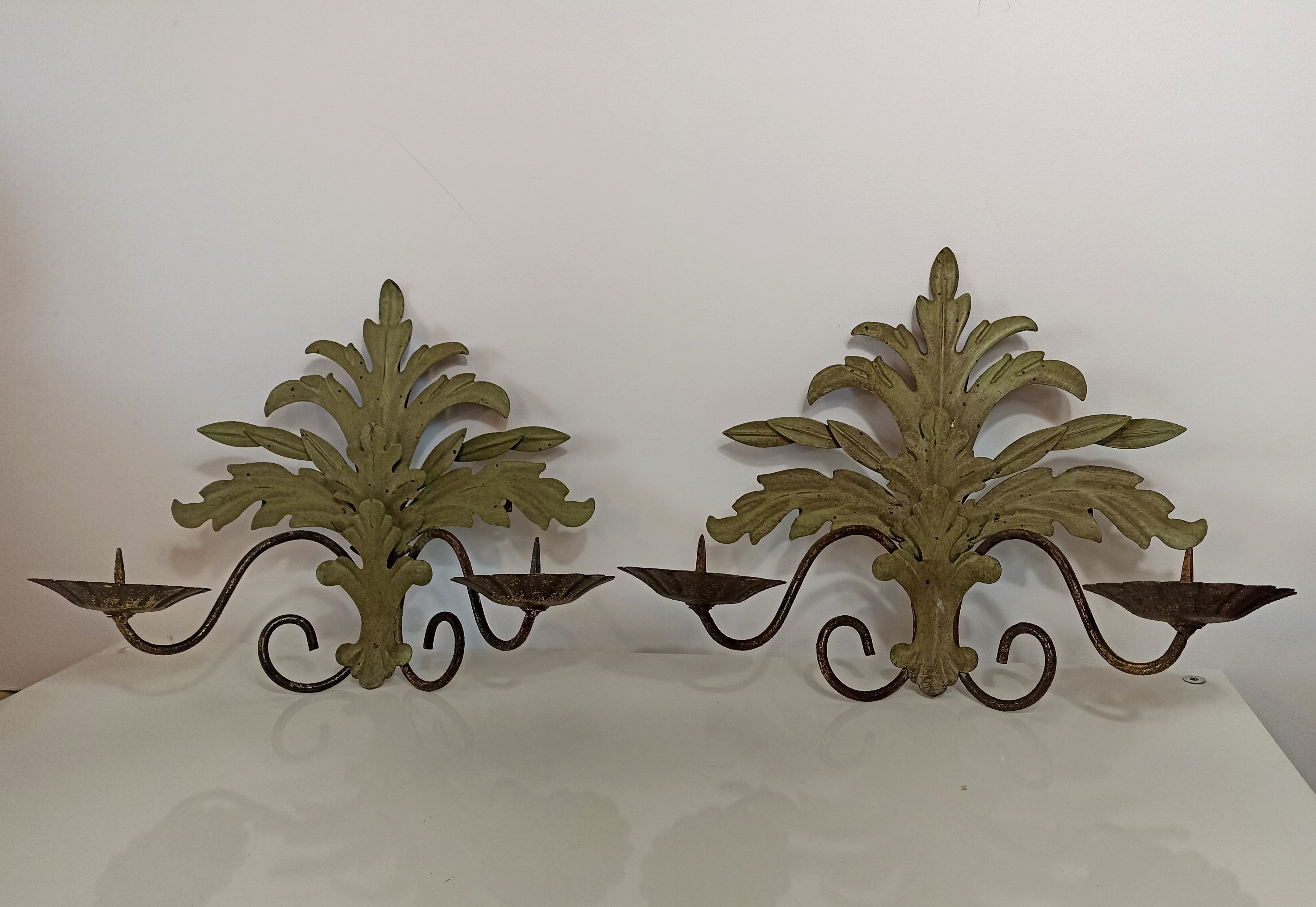 Pair of vintage wall lights candlesticks in gold metal and green patina