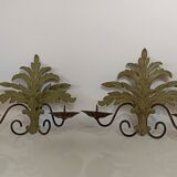 Pair of vintage wall lights candlesticks in gold metal and green patina