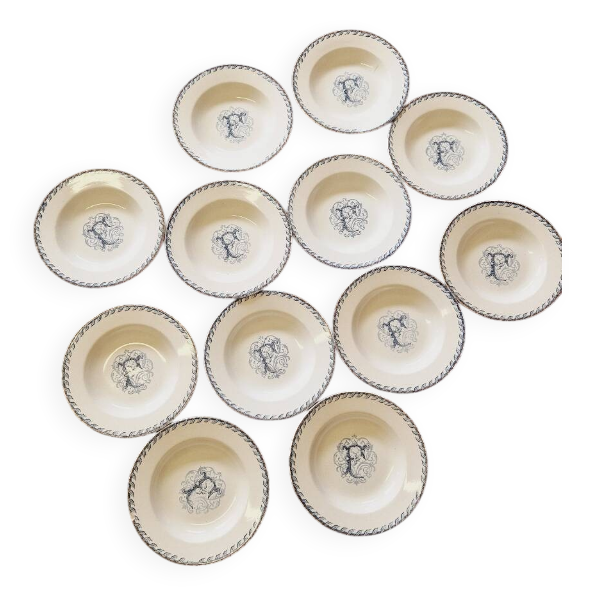 12 Luneville K&G soup plates, letter F
