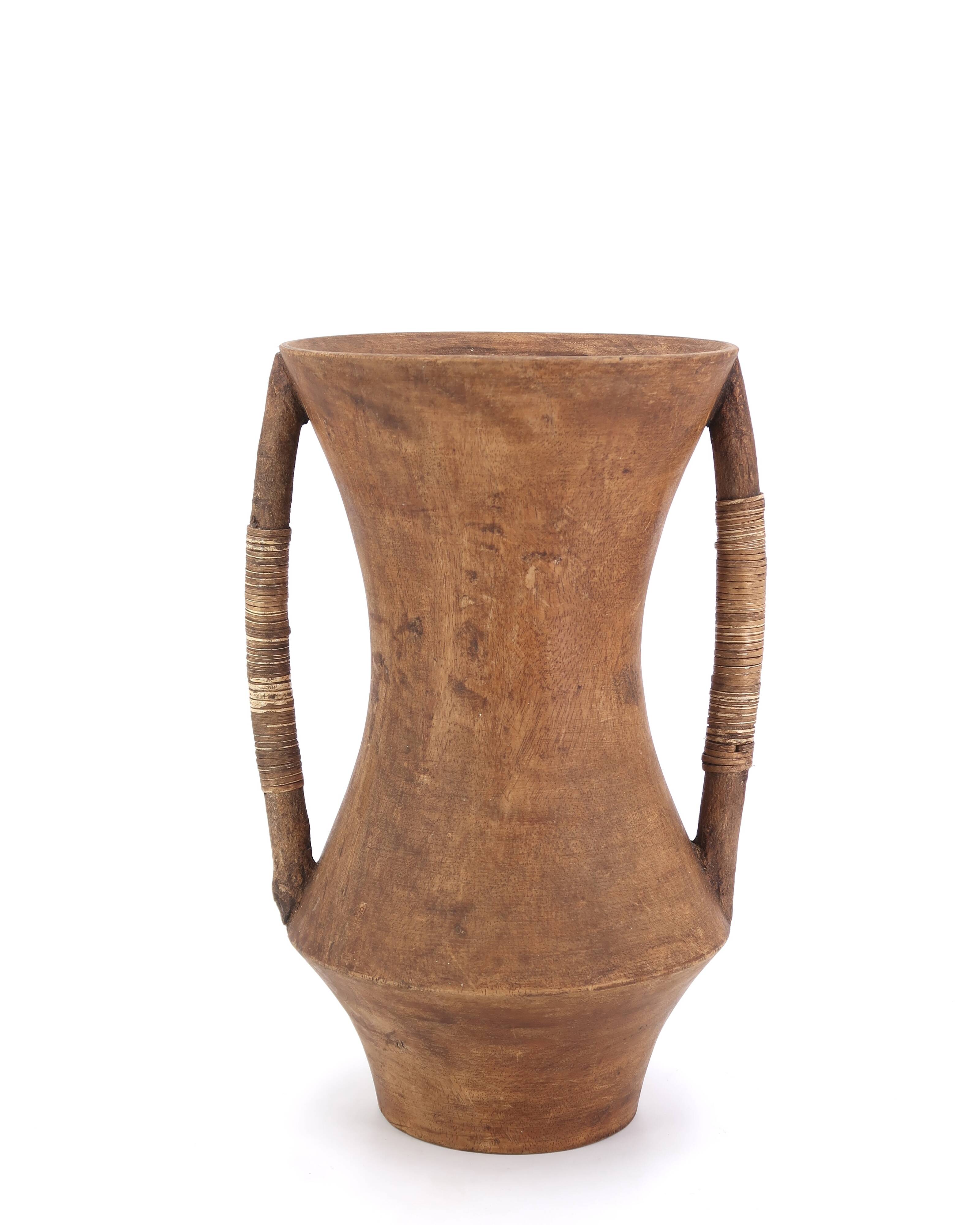 Large wooden vase, handles covered with wicker, 70s jar