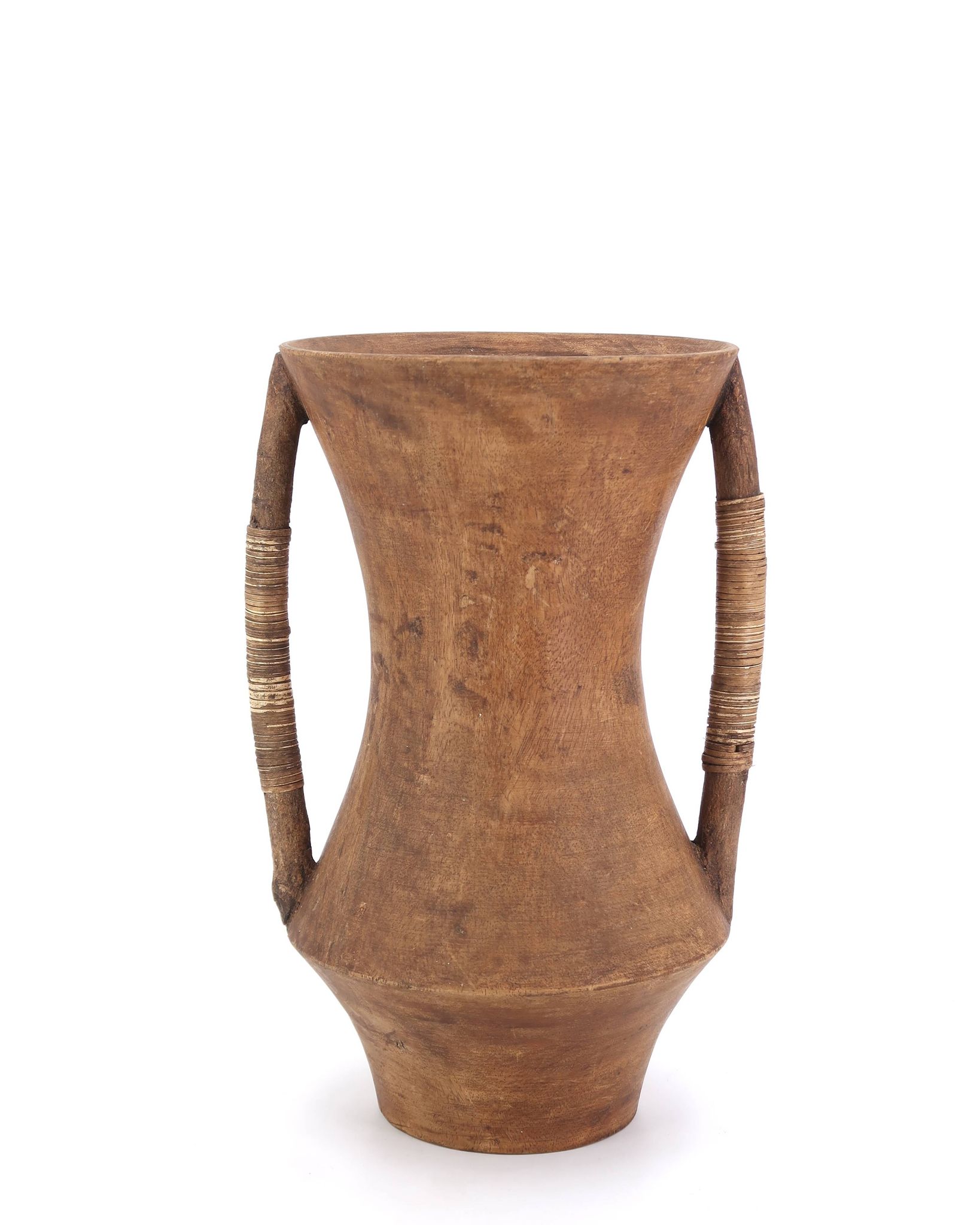 Large wooden vase, handles covered with wicker, 70s jar