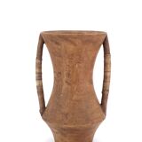 Large wooden vase, handles covered with wicker, 70s jar
