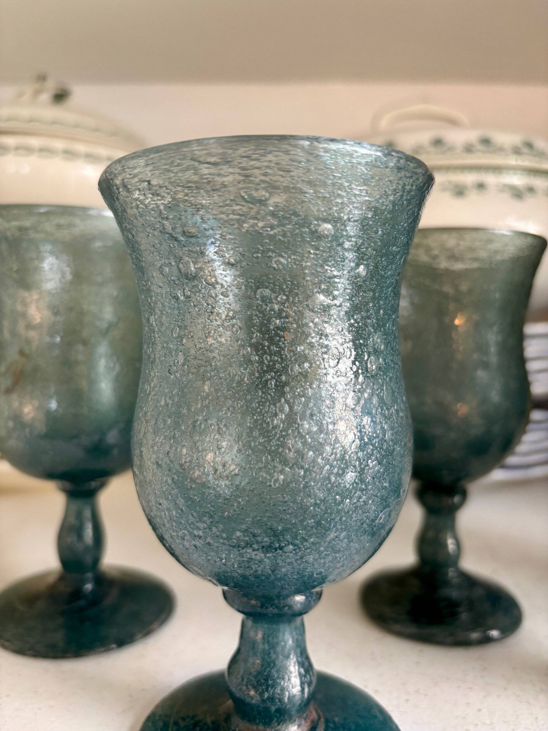 6 BIOT stemmed glasses in blue bubbled glass