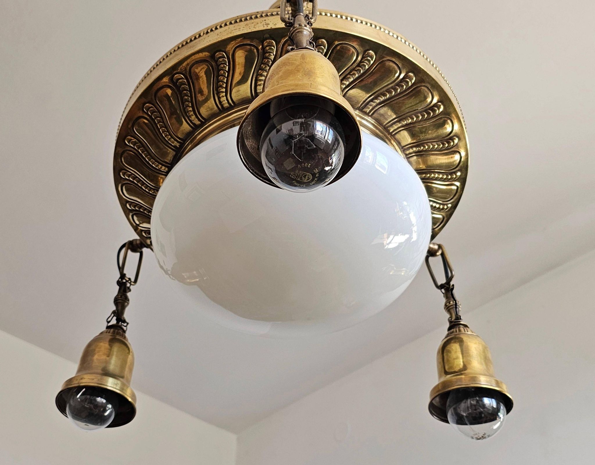 Polished Brass Art Nouveau Chandelier with Opaline Glass Dome