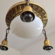 Polished Brass Art Nouveau Chandelier with Opaline Glass Dome