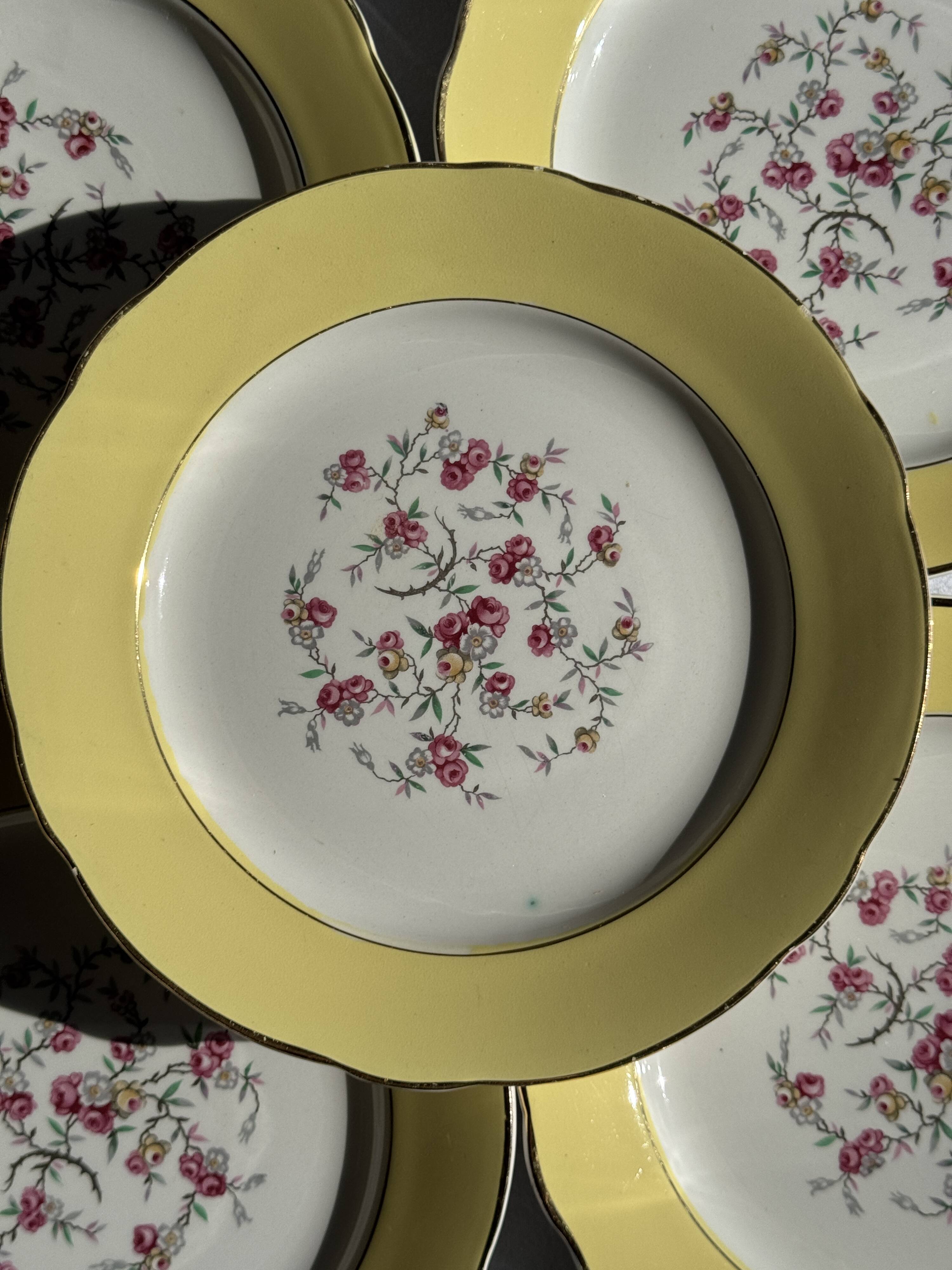 Lot de 19 grandes assiettes plates vintage jaunes fleurs roses liseré doré