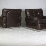 Pair of armchairs brown leather base stainless steel, France, circa 1970