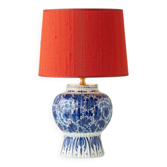 Royal Delft 1924 Blue and White Ceramic Table Lamp, New Vermilion Silk Shade