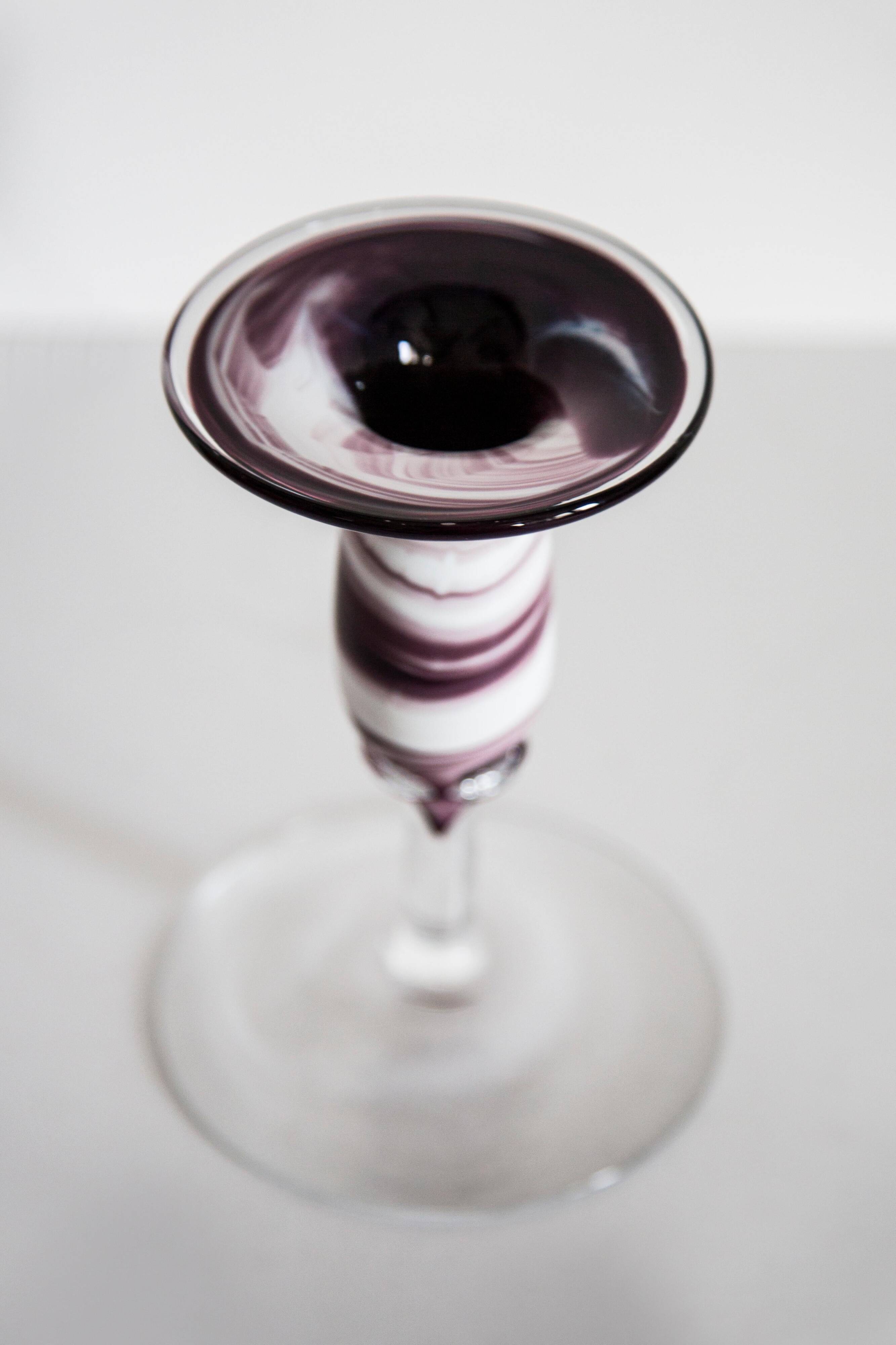 Artistic candlestick in white and purple glass, mid-20th century.