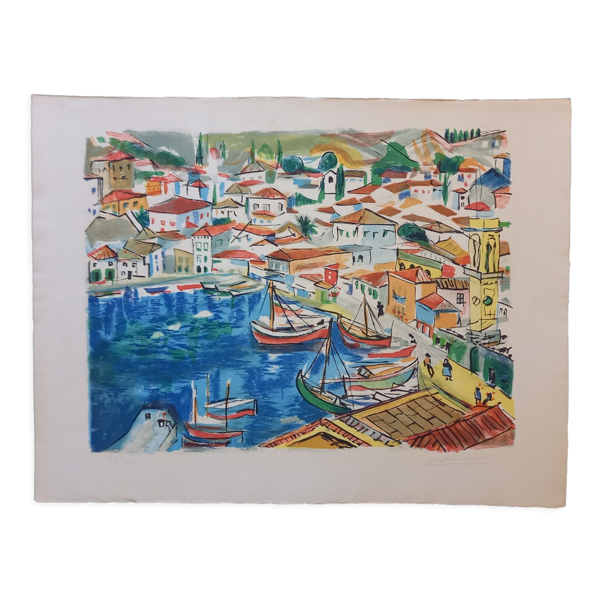 Lithograph by François Desnoyers, Le Port de Cassis, 1958