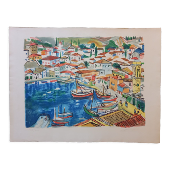 Lithograph by François Desnoyers, Le Port de Cassis, 1958