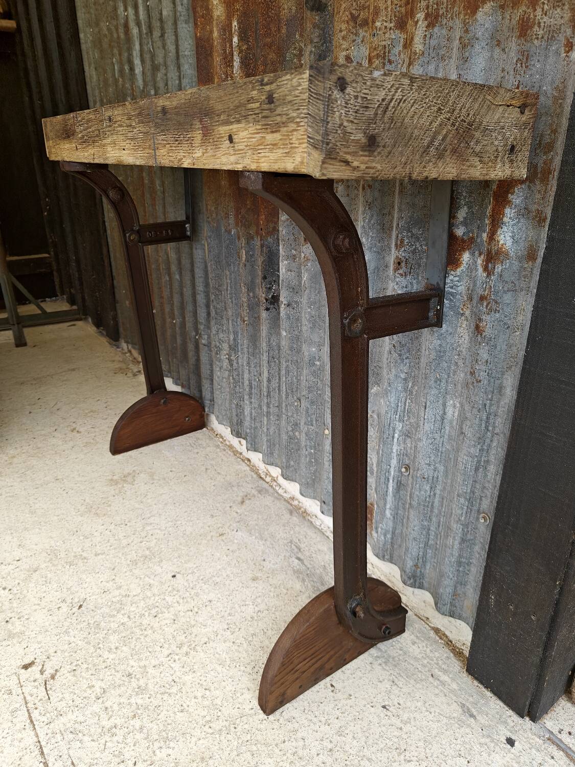 Wooden and cast iron workbench console