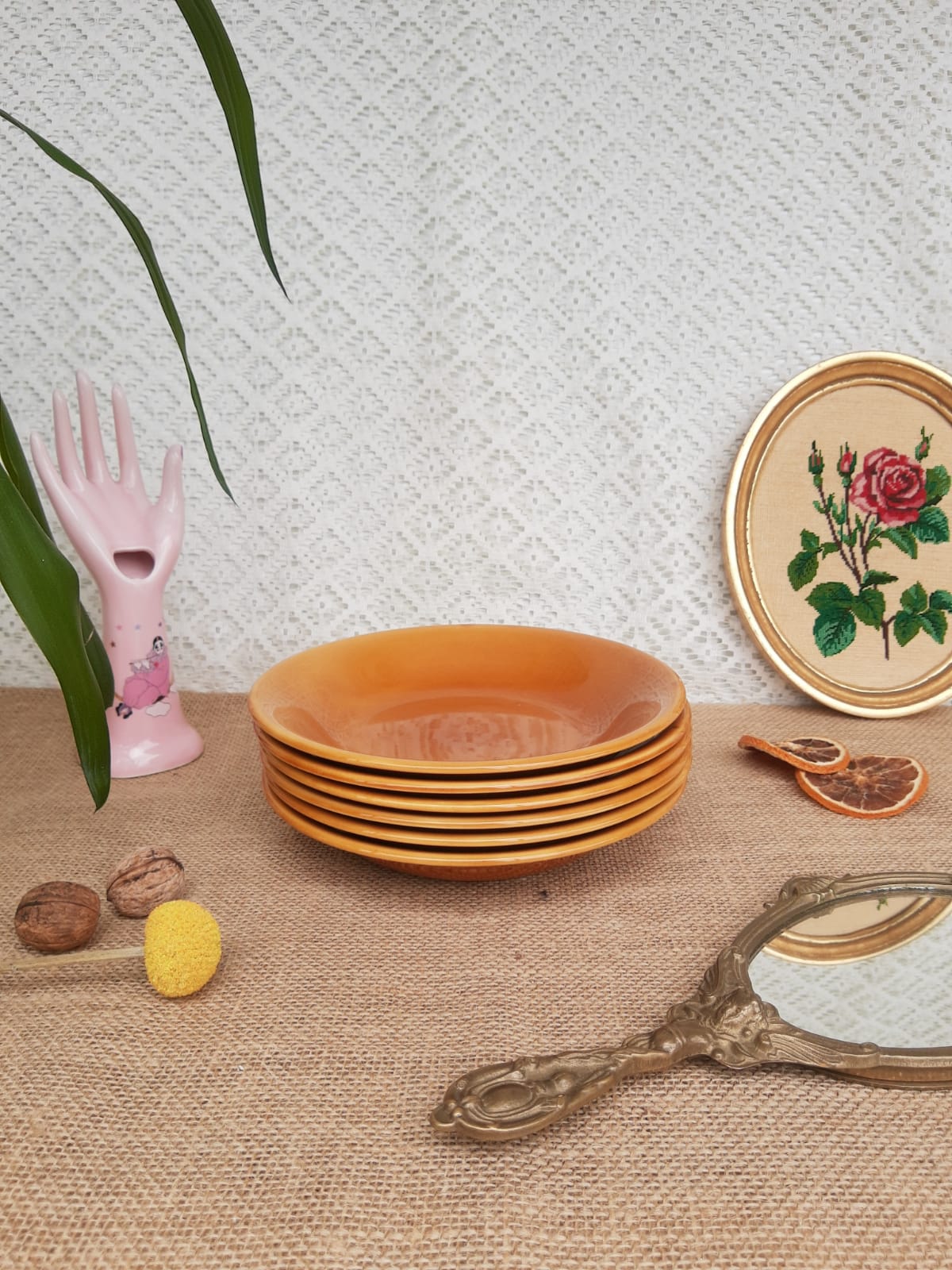 Set of 6 hollow plates Longchamp France mustard - vintage