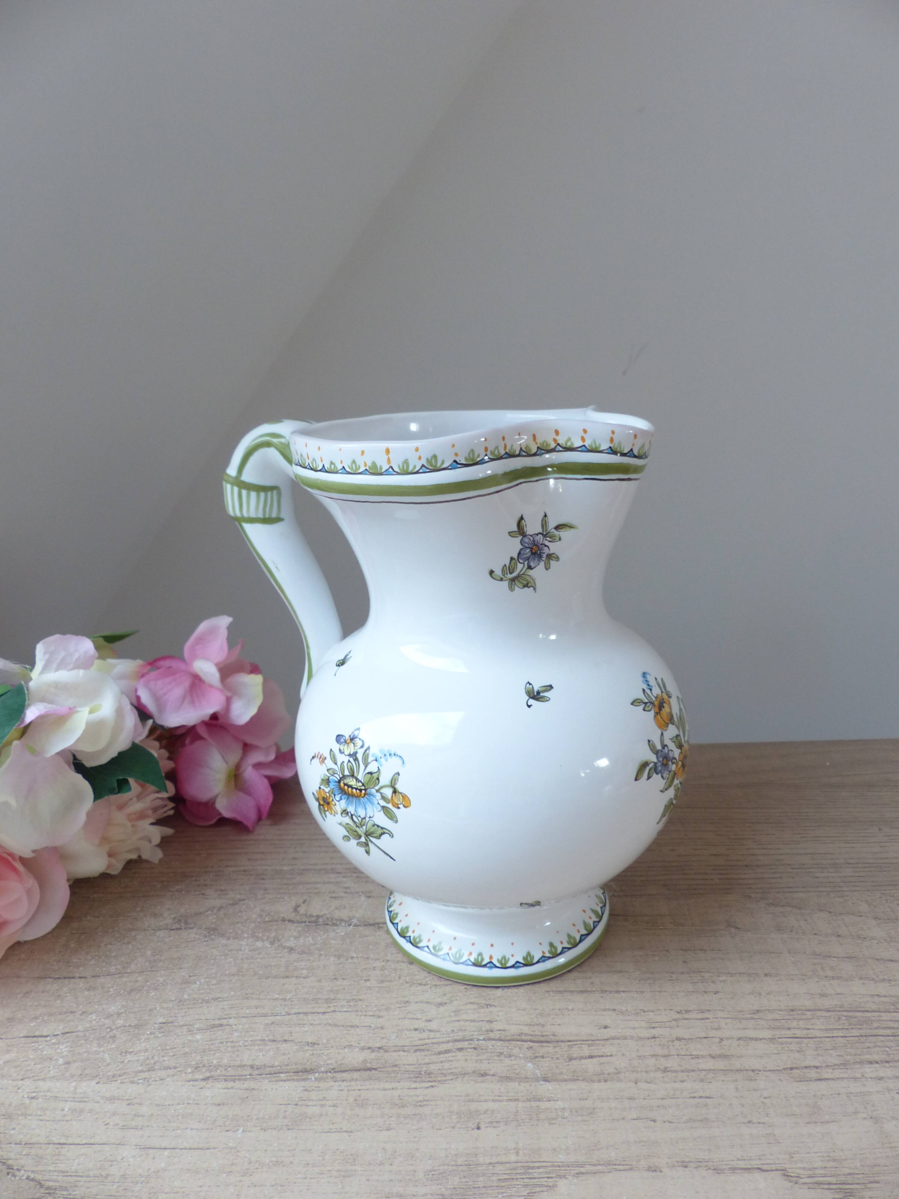 Pitcher Jug Carafe Earthenware Moustiers Signed Lallier Vintage