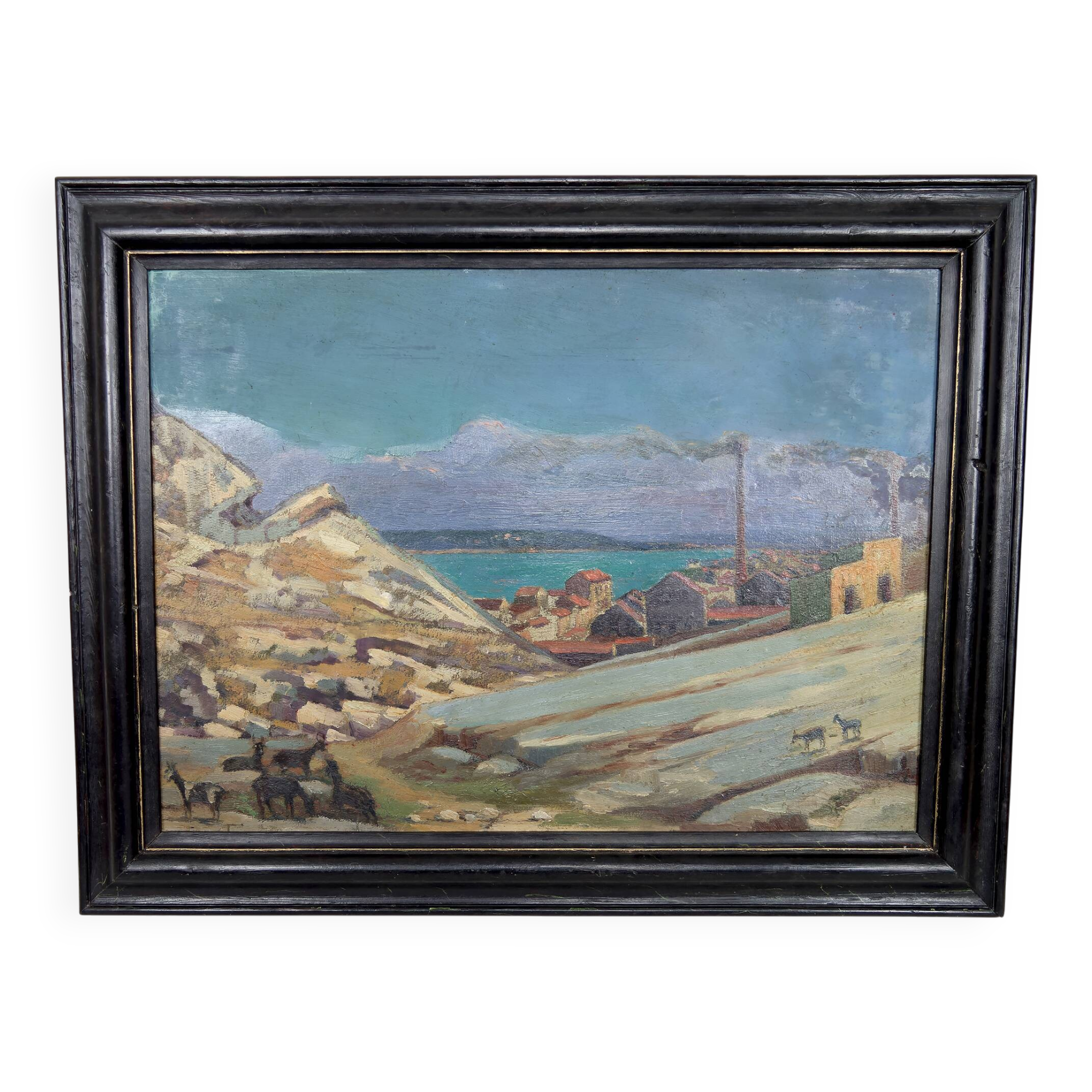 Painting, Oil on panel, "Mediterranean Coastal Town", France, 1930