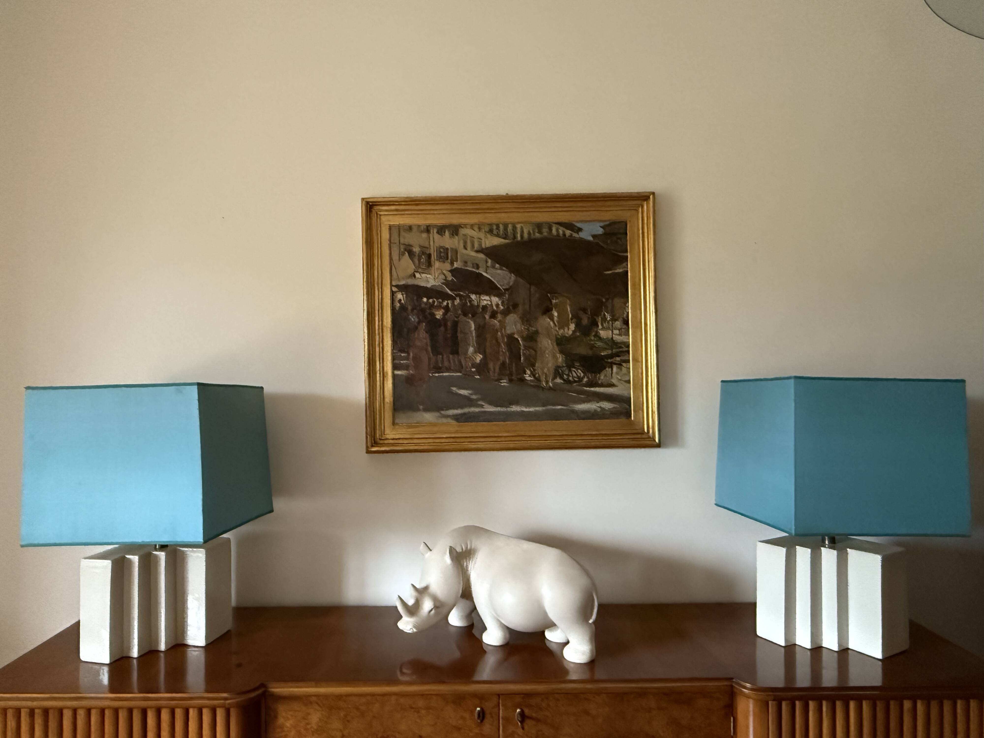 Hollywood regency set of 2 ceramic table Lamps, France 1970s