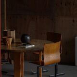 Set of 6 industrial stackable chairs by Niels Larsen, black metal and oak, 1960s.