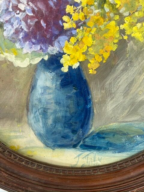 Old painting, still life with mimosas, signed, 60s/80s