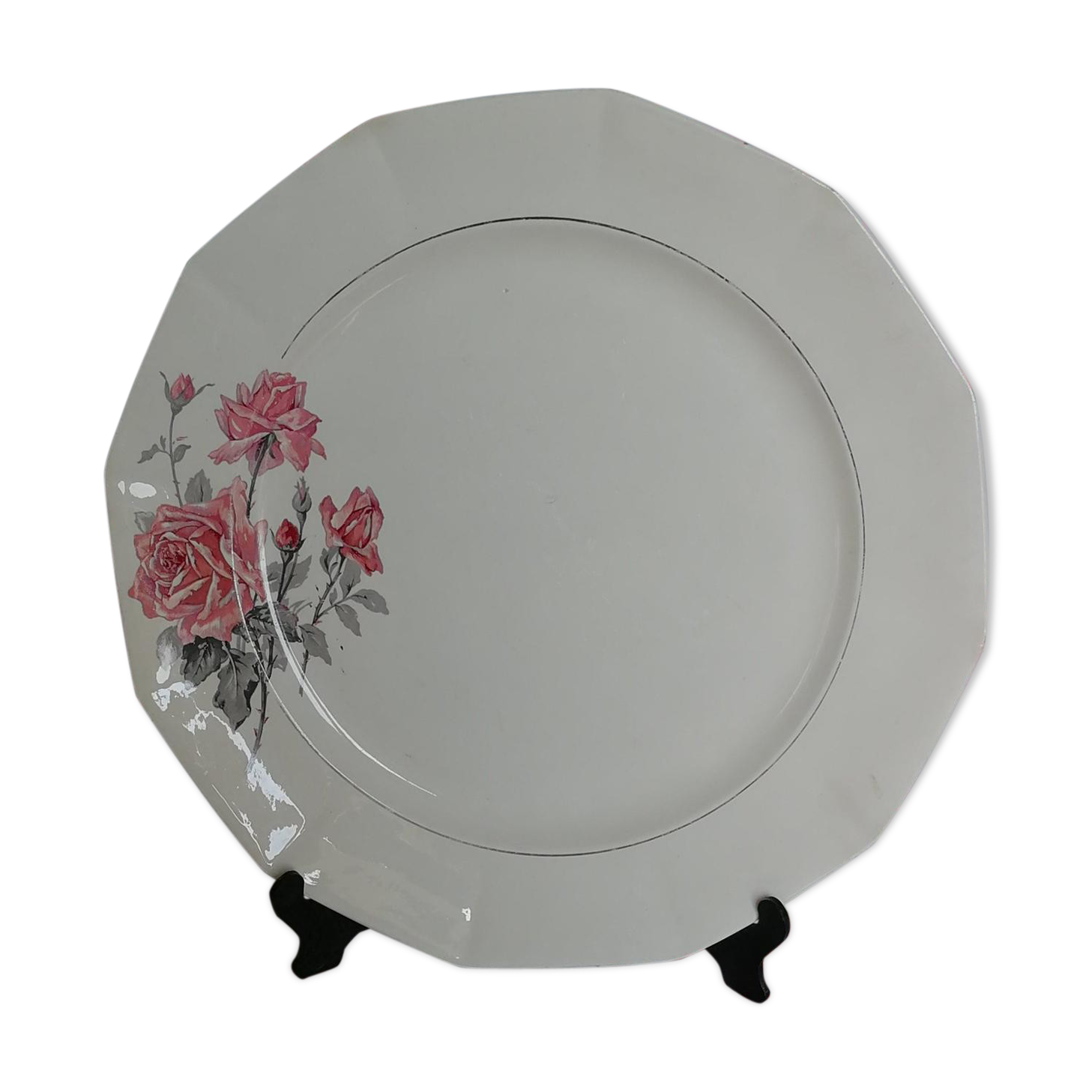 Old octogonal silver flower rose service dish