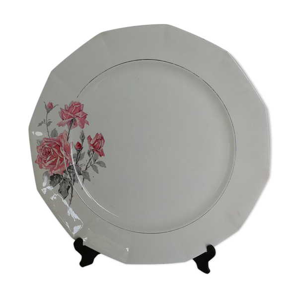 Plat de service ancien octogonal argenté fleurs roses