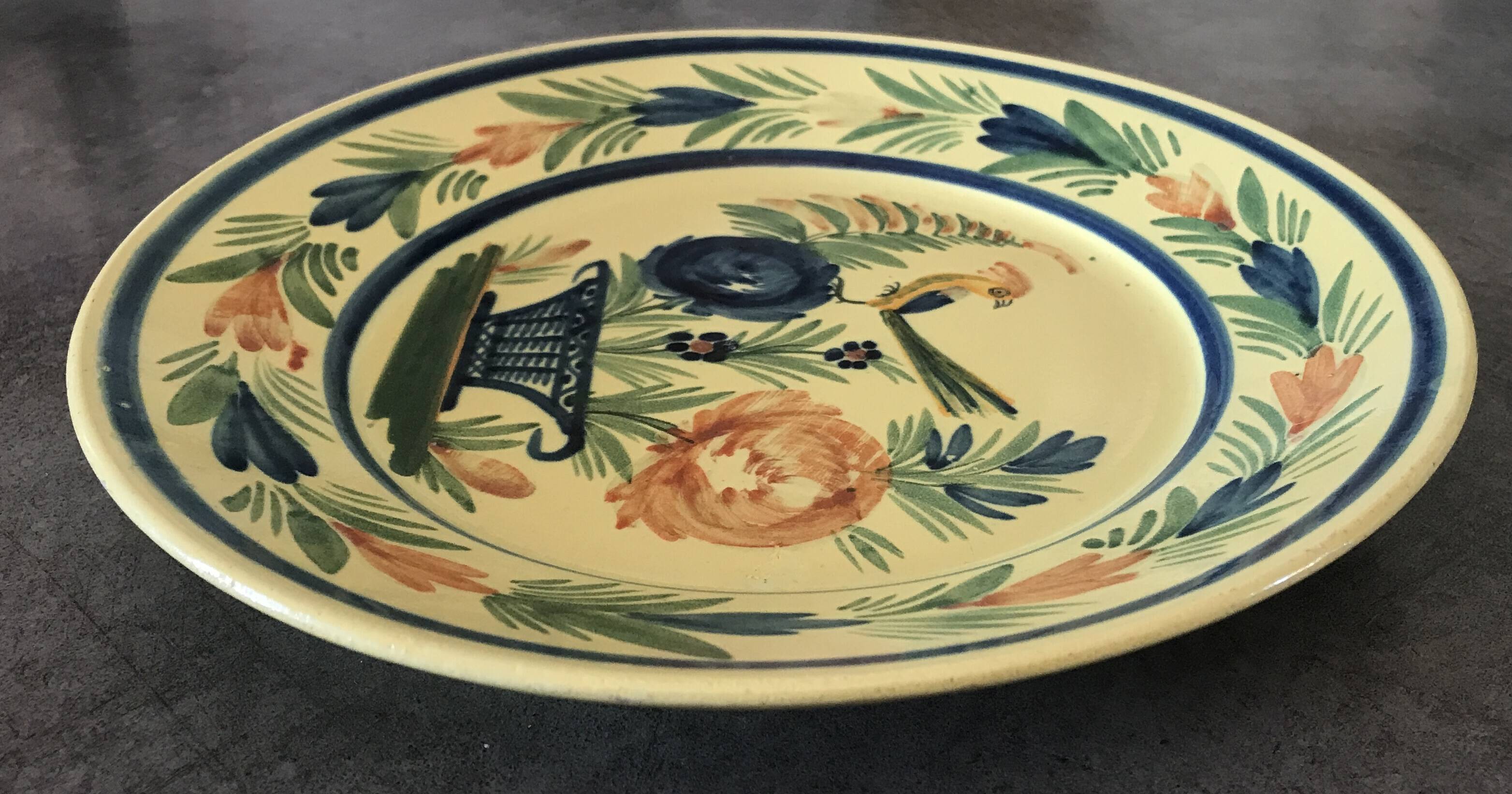 Antique earthenware plate hb henriot quimper floral and bird basket decor