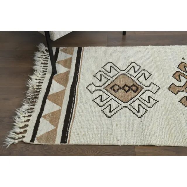 1970s Vintage Turkish Hand-Knotted Wool Cotton Beige Runner Rug 87x366