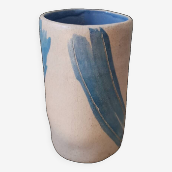 Handcrafted ceramic cup blue color lines