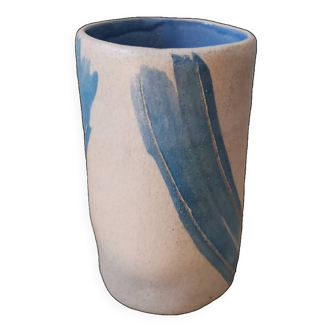 Handcrafted ceramic cup blue color lines