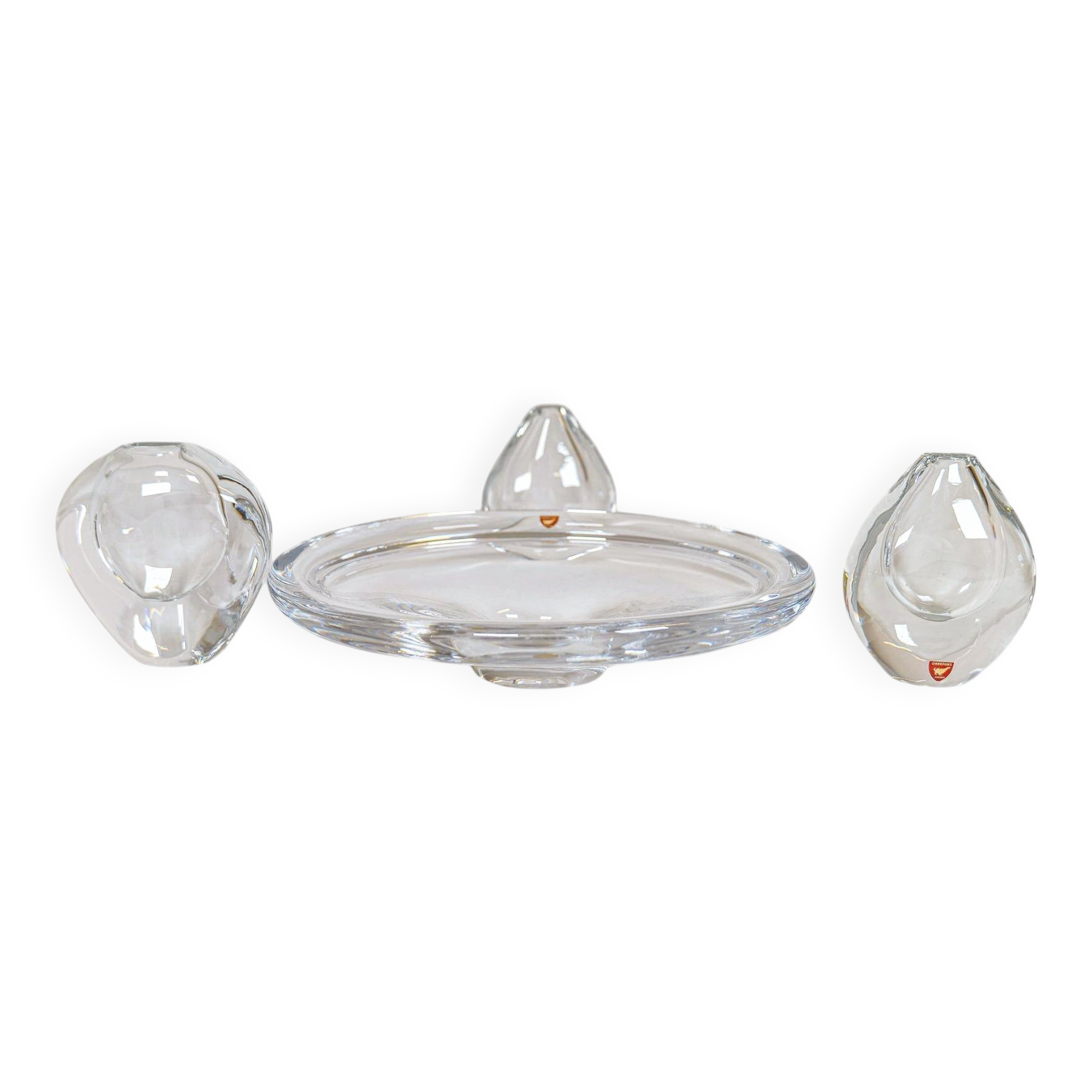 Midcentury Set of 3 Vases and Plate in Clear Crystal Glass Orrefors Sweden 1950